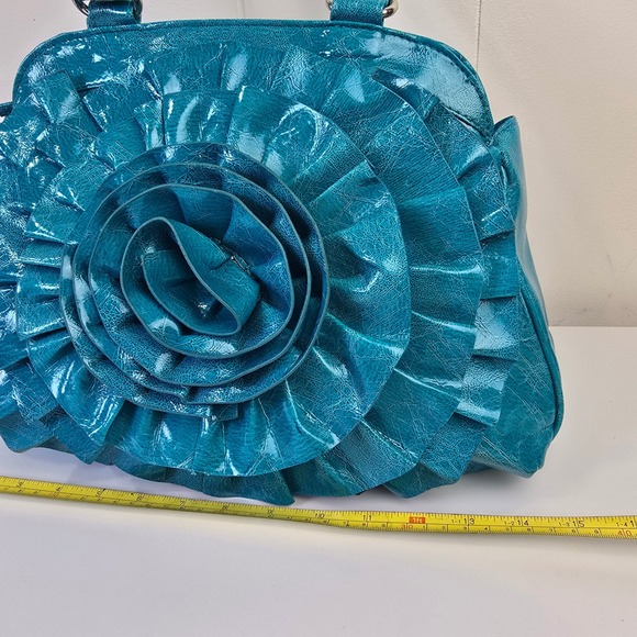 Chateau Turquoise Blue Faux Leather 3D Rose Ruffle Whimsical Handbag Purse - Picture 10 of 10